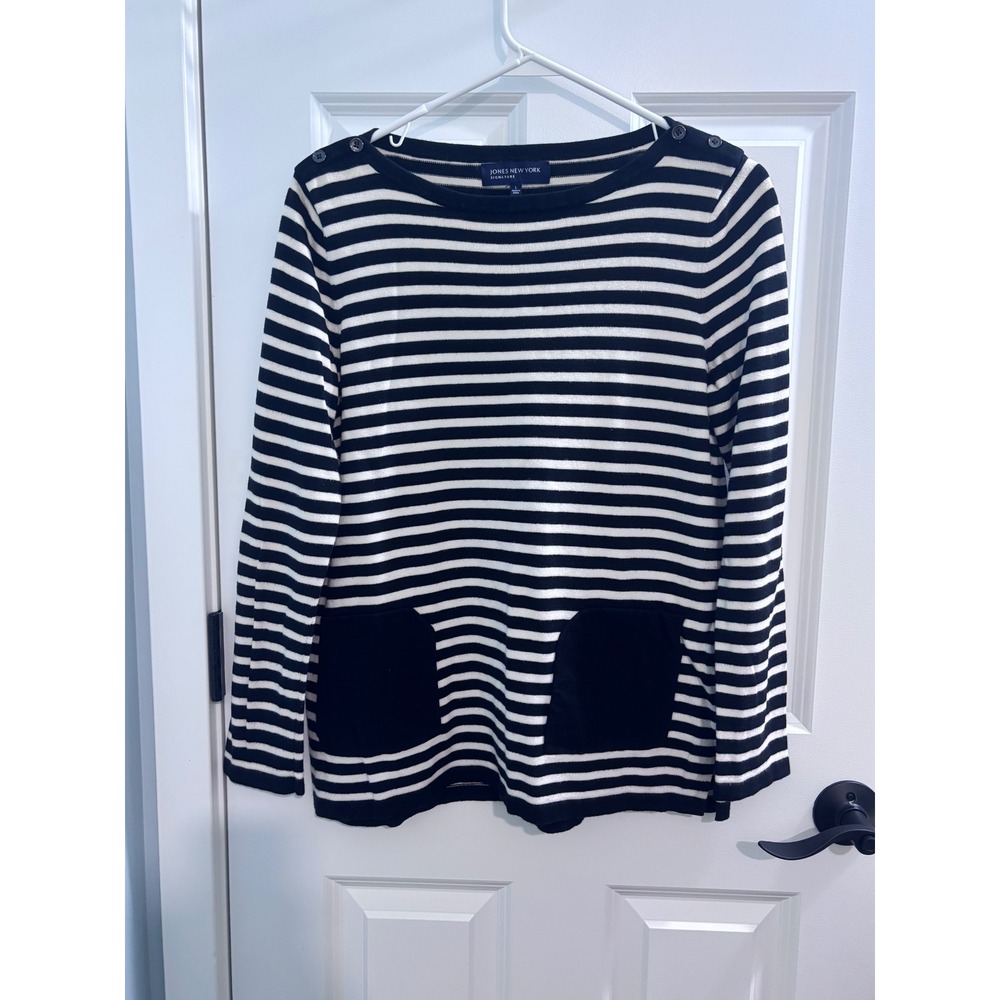 Jones New York Signature Striped Sweater Black White Button Shoulder Large